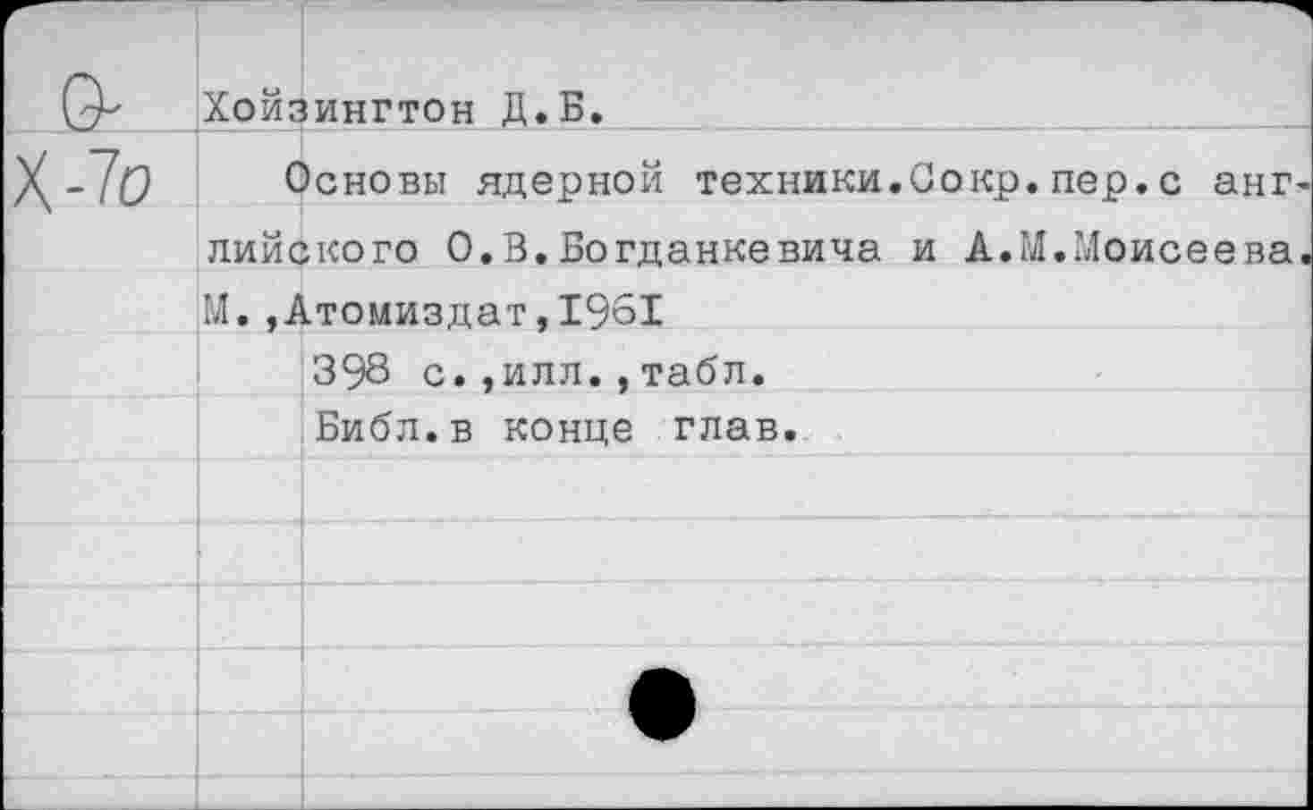 ﻿Хойзингтон Д.Б.
Основы ядерной техники.Сокр.пер.с анг
лийского 0.В.Богданкевича и А.М.Моисеева
М.
,Атомиздат,1961
398 с.,илл.,табл.
Библ.в конце глав.